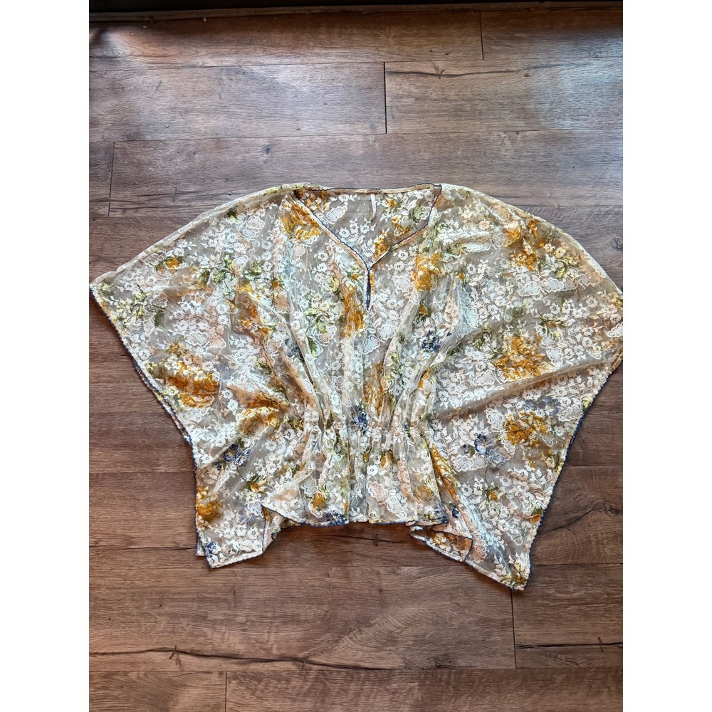Free People Sheer Floral‎ Kimono Blouse Top Beige Yellow Blue Size Small